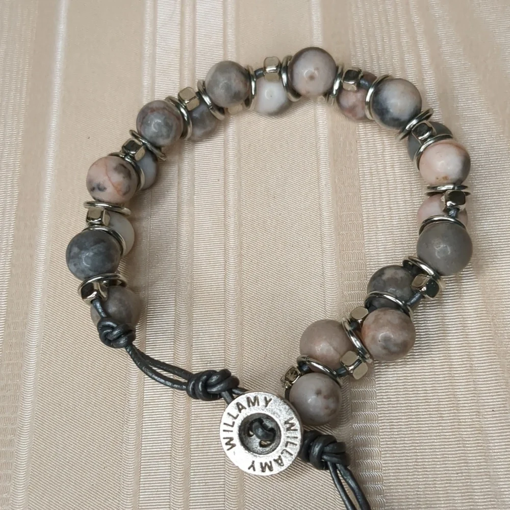 Vintage Boho Willamy Jasper Stone Bracelet Pink Grey Silver Size